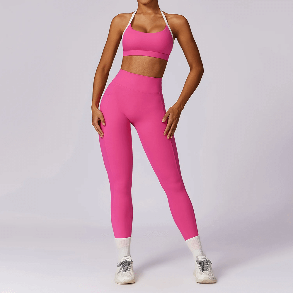 Women's pink yoga set sleeveless top and leggings, fitness gear for versatile workouts, breathable and quick-dry.